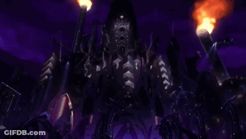 Giant Robot In Dark With Purple Background And Torch GIF