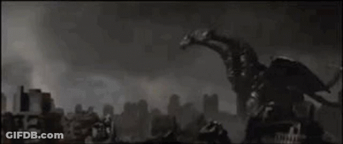 Giant Robot Standing In Front Of City With Sun Shining Through Clouds GIF