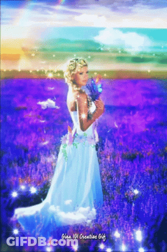 Gina 101 Creative Gif Shows A Woman In A Blue Dress Holding A Bouquet Of Flowers GIF