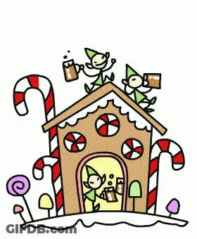 Gingerbread House With Candy Canes And Elves GIF