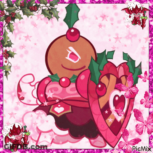 Gingerbread Man With Cherry Holding Heart Shaped Cookie GIF