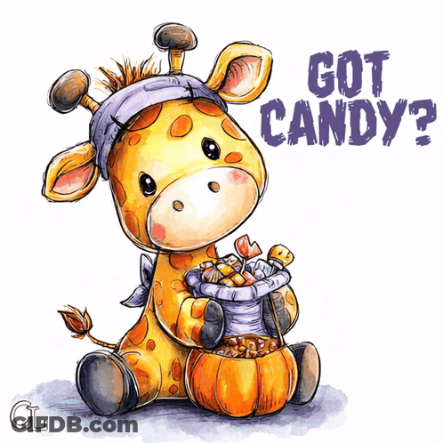 Giraffe Holding Pumpkin Full Of Candy Saying Got Candy GIF