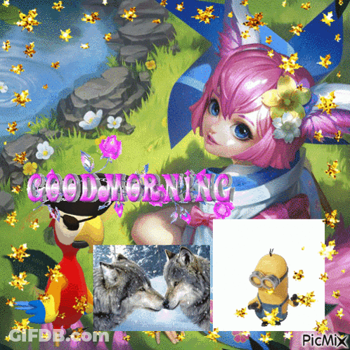 Girl And Animals Saying Good Morning GIF