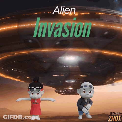 Girl And Boy In Front Of UFO Alien Invasion Poster GIF