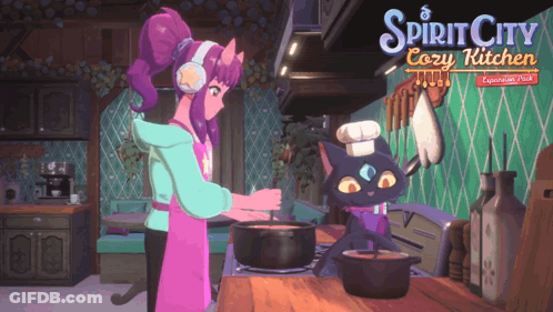 Girl And Cat Preparing Food GIF