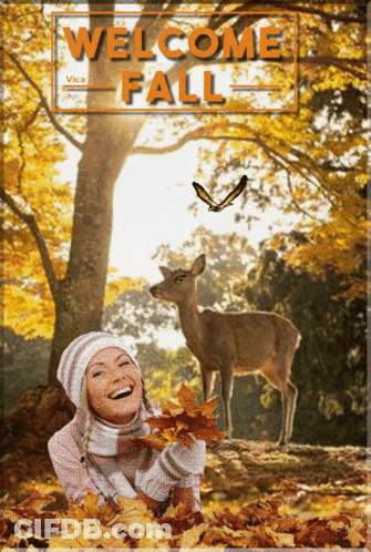 Girl And Deer Saying Welcome Fall GIF
