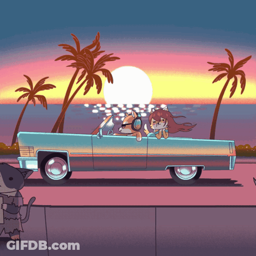Girl And Dog In Convertible Car GIF