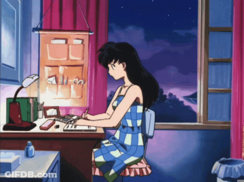 Girl At Desk By Window With Pink Curtain GIF