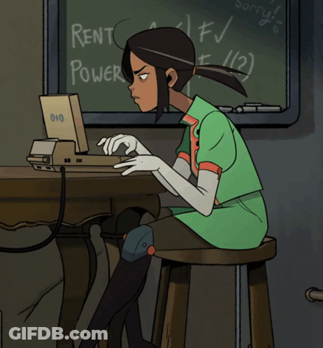 Girl At Desk With Laptop And Blackboard Saying Rent Power GIF