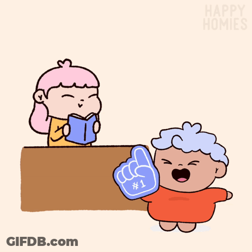 Girl At Desk With Laptop And Foam Finger Saying 1 GIF