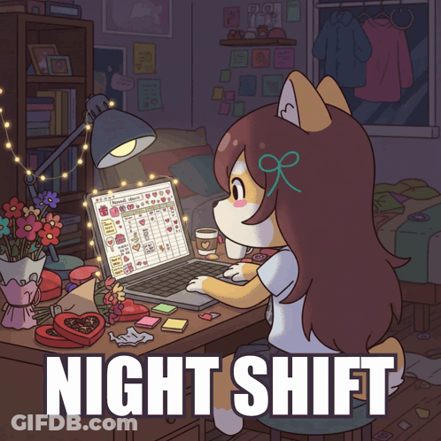 Girl At Desk With Laptop Night Shift GIF