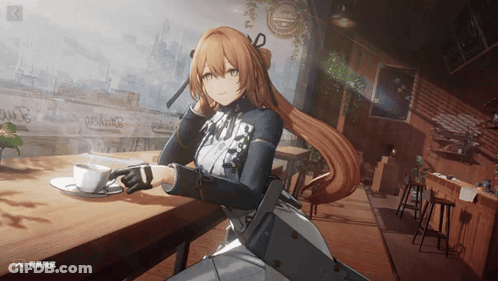 Girl At Table With Coffee And Bakery Sign GIF