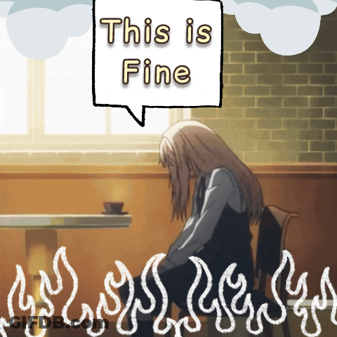Girl At Table With Speech Bubble Saying This Is Fine GIF