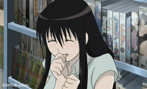 Girl Coughing In Front Of Book Shelf GIF