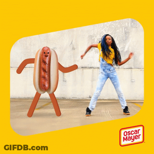 Girl Dancing Next To Oscar Mayer Hot Dog GIF