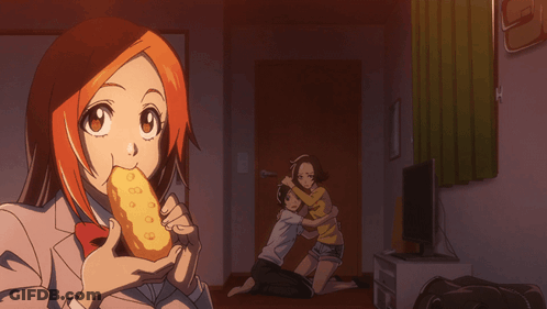 Girl Eating Donut With Hugging Man And Woman GIF