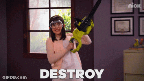 Girl Holding Chainsaw With Destroy On Wall GIF