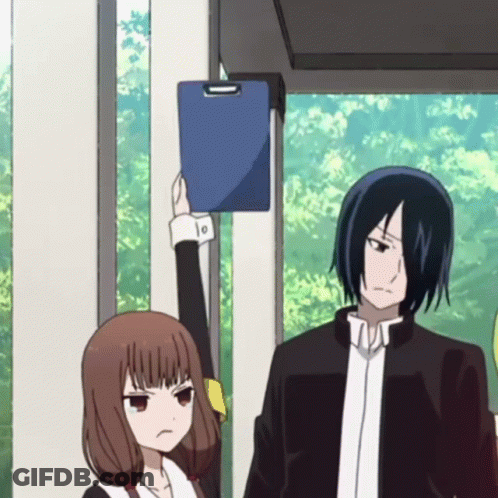 Girl Holding Clipboard Overhead With Man GIF