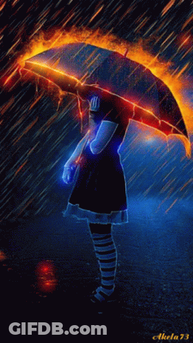 Girl Holding Fire Umbrella In Rain Number 73 GIF
