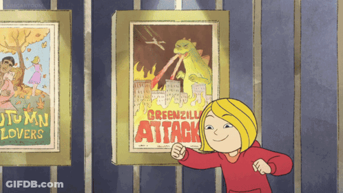 Girl Holding Greenzilla Attack Poster GIF