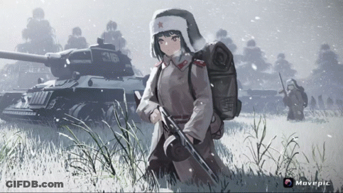 Girl Holding Gun In Front Of Tank Number 316 GIF