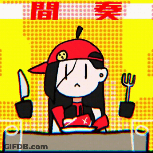 Girl Holding Knife And Fork With Chinese Writing GIF