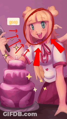 Girl Holding Microphone Next To Cake With Arrows Pointing To Goop GIF