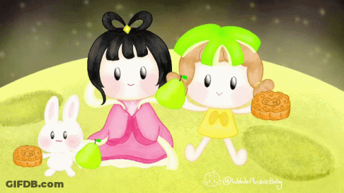 Girl Holding Pear And Rabbit With Moon Pie GIF
