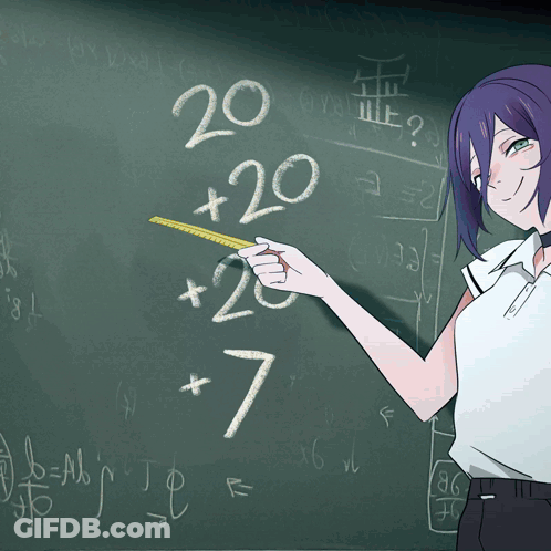 Girl Holding Ruler In Front Of Blackboard Saying 20 + 20 + 7 GIF