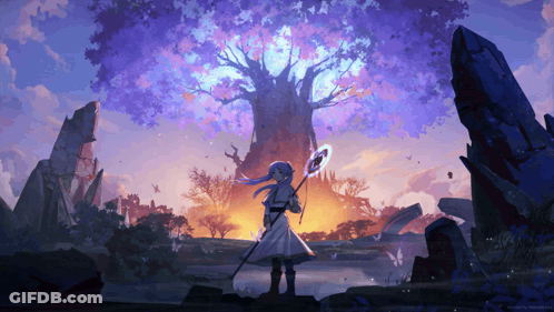 Girl Holding Staff In Front Of Tree GIF