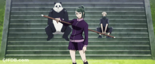 Girl Holding Stick Beside Panda And Man GIF
