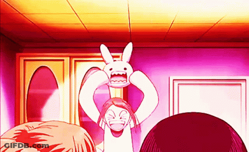 Girl Holding Stuffed Bunny On Her Head GIF