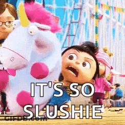 Girl Holding Stuffed Unicorn Says It's So Slushie GIF