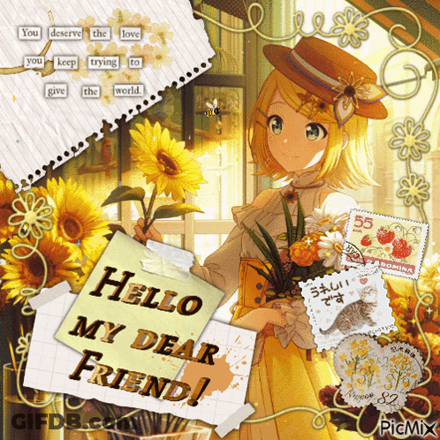 Girl Holding Sunflowers Saying Hello My Dear Friend GIF