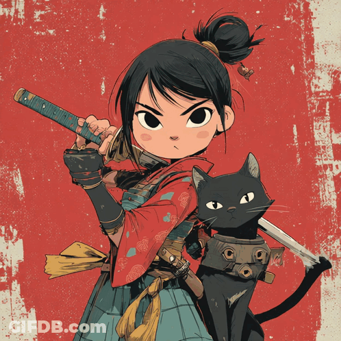 Girl Holding Sword With Black Cat On Shoulder GIF