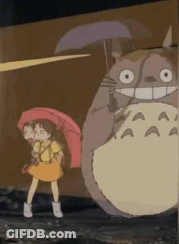 Girl Holding Umbrella Next To Totoro In Rain GIF