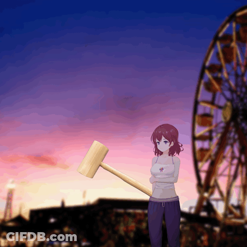 Girl Holding Wooden Hammer In Front Of Ferris Wheel GIF