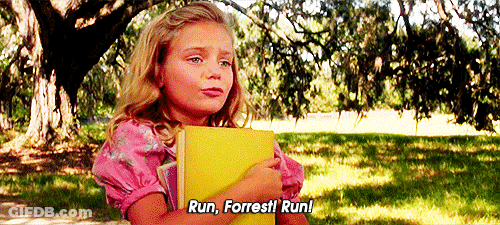 Girl Holding Yellow Book Saying Run Forrest Run GIF