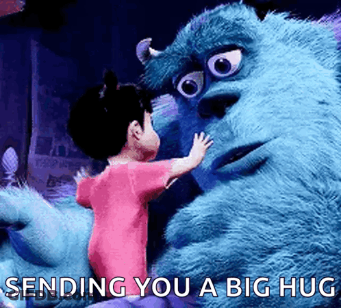 Girl Hugging Monsters Inc Stuffed Animal GIF