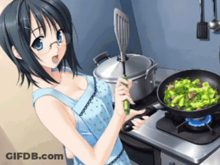 Girl In Apron Cooking Vegetables In Pan GIF