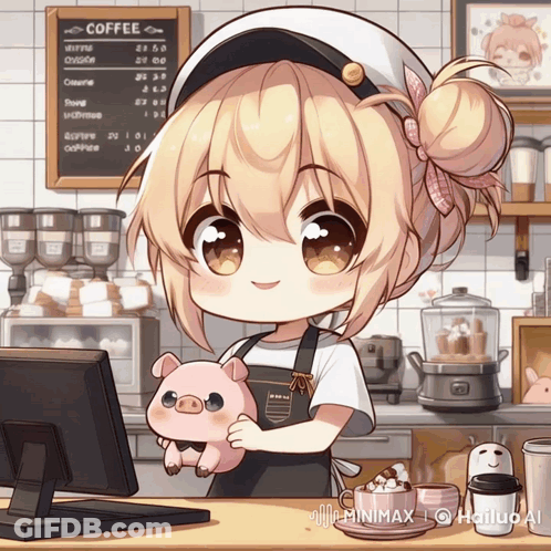 Girl In Apron Holding Pig In Front Of Coffee Menu GIF