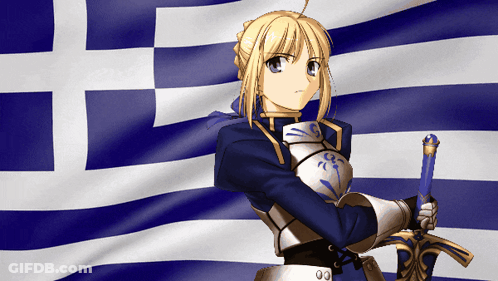 Girl In Armor Holding Sword In Front Of Blue And White Flag GIF