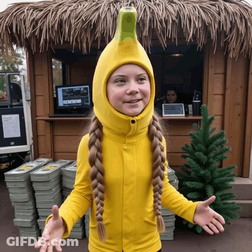 Girl In Banana Costume Standing Before Bills GIF