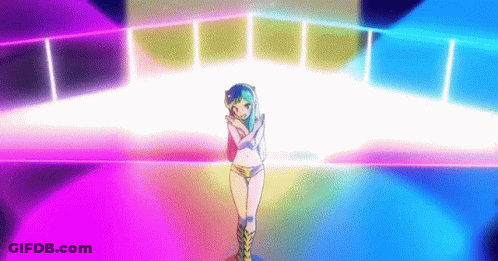 Girl In Bikini Standing In Front Of Stage With Rainbow Lights GIF