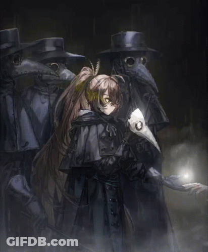 Girl In Bird Mask Standing Before Men GIF