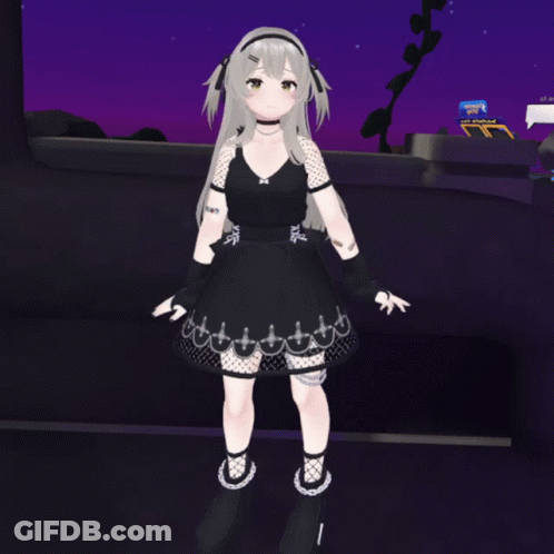 Girl In Black Dress In Front Of Arcade Sign GIF