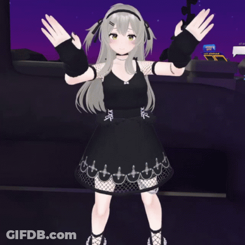 Girl In Black Dress Standing In Front Of Sign Saying A GIF