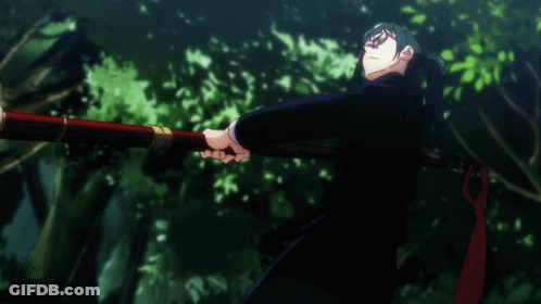 Girl In Black Suit Holding Red Sword GIF