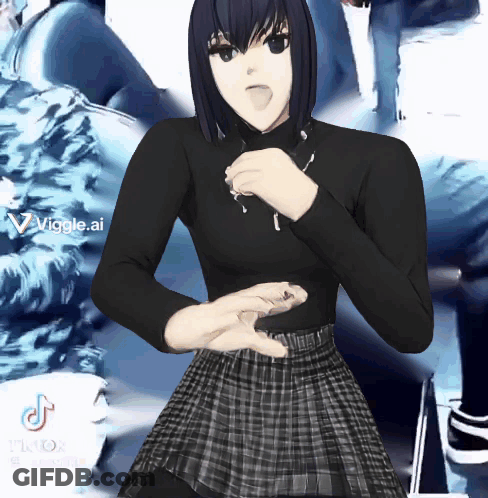 Girl In Black Turtleneck And Plaid Skirt In Front Of Collage GIF