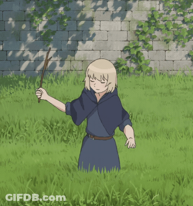 Girl In Blue Cape Holding Stick In Grass GIF